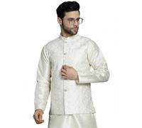 Maple Clothing Men's Nehru Jacket Indian Waistcoat Embroidered Wedding Guest Modi Vest Bandhgala, Off-white, XL