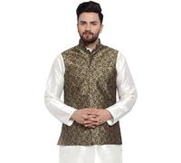 Maple Clothing Men's Nehru Jacquard Jacket Indian Traditional Waistcoat Vest, Gold, Medium