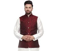 Maple Clothing Men's Nehru Jacquard Jacket Indian Traditional Waistcoat Vest, Maroon, Small