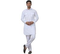Maple Clothing Punjabi Kurta Pajama Set Pathani Cotton India Clothes for Men (White, L)