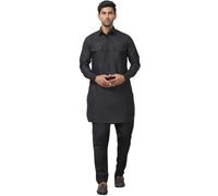 Maple Clothing Punjabi Kurta Pajama Set Pathani Mens Cotton Indian Clothes, Black, XXL