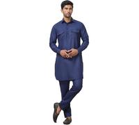 Maple Clothing Punjabi Kurta Pajama Set Pathani Solid Color Indian Wear for Men (Navy Blue, 3XL)