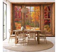 Maple Forest Path Window View Wallpaper - Natural Autumn Plant Wall Mural 300X210Cm (W X H), Orange Color Premium Non-Woven Photo Wallpaper Mural For Bedroom, Living Room, Hallway, Home Decor