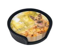 Maple German Shepherd Dog,Set of 6 Round Coasters, Pu Leather Drinks Coasters with Holder for Home Office Kitchen