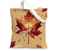 Maple Leaf Canvas Tote Bag for Women, Autumn Nature Sunset Pine Trees Autumn Orange Washable Reusable Shopping Bags for Shopping Brunch Park Library Day Trips 13x15 Inch