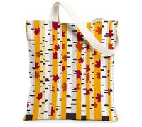 Maple Leaf Canvas Tote Bag for Women, Fall Nature-Inspired Birch Tree Vertical Stripes Fall Yellow Washable Reusable Market Tote for Shopping Brunch Park Library Day Trips 13x15 Inch