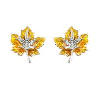 Maple Leaf Earrings with Dual-Tone Enamel and Micro-Set Zircon, 14K White Gold Plated S925 Silver Post Earrings, Elegant Nature Inspired Leaf Design Jewelry (1.8x2.1cm)