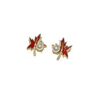 Maple Leaf Pearl Earrings for Women Gold Plated Copper with 925 Sterling Silver Posts, Autumn Fall Studs Earring Gift for Her, Suitable for Daily & Special Occasions