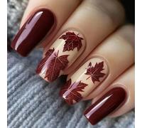 Maple Leaf Press-On Nails With Jelly Adhesive Tabs - Burgundy Autumn French Tip Nail Set, Medium Long Square False Glossy & Reusable for Women & Girls, Elegant Halloween & Fall Manicure Art