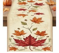 Maple Leaf Table Runner, Rustic Natural Acorn Branch Fall Red Cloth Washable Coffee Table Runner for Home Kitchen Dining Room Party Decor 13x72 Inch