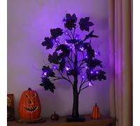 Maple Leaf Tree Lights - Black Halloween Decor with 24 LED Spider, Ghost, Purple Lights for Indoor Party Table Decor
