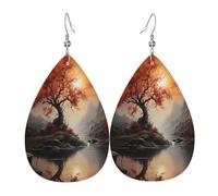 Maple Leaf Trees Under Sunset Women's Teardrop Leather Earrings - Lightweight PVC Dangle Earrings, 925 Silver Hooks, Double-Sided Prints | Hypoallergenic Gift