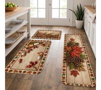 Maple Leaves Kitchen Rugs Sets of 3, Rustic Seasonal Pine Cones Red Berries Fall Red Washable Soft Kitchen Carpets for Sink Area Laundry Room Entryway Hallway