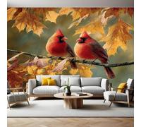 Maple Leaves Mural Wallpaper Autumn Leaves and Cardinals Non-Woven Art Print 390 x 260cm Wall Murals Poster Picture Design Modern Decoration for Bedrooms Living Room Children Nursery