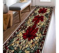 Maple Leaves Runner Rug, Fall Nature-Inspired Flowers Berries Fall Red Low Pile Edge Binding Home Rectangle Carpet for Kitchen Entryway Bedside Doorway Hallway Decor 2x8 Ft