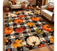 Maple Pumpkin Buffalo Plaid Rug Non-Slip Thanksgiving Fall Rug 120x180cm | Black aand White Checkered Pumpkin Maple Leaf Rug Foldable Low-Pile Autumn Area Rug for Thanksgiving Decor Carpet