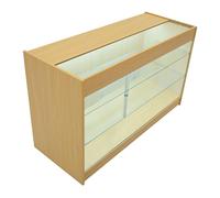 Maple Shop Counter LED Light K 1500mm Lockable Sliding Doors 2 Keys Retail Storage Unit Glass Display Showcase Cabinet Reception Desk Clothing Jewellery Store 3 Shelves Cool White Lighting