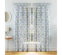 Maple Textiles Floral Blossom Sheer Voile Curtain Panel, Slot Top, 140 cm Width, Muslin/Linen Look Feel (Pair, Blue, 54"(137cm) Drop)