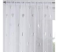 Maple Textiles Stunning Metallic Print Tree Design Sheer Voile Curtain Panel Slot Top Rod Pocket Heading (White Silver, 90" 229 cm)