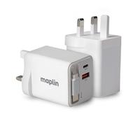 Maplin 2 Port USB Wall Charger 1x USB-C & 1x USB-A 35W GaN PD QC 3.0 Fast Charger with Built-in USB-C Retractable Cable, for iPhone, Samsung Galaxy, Xiaomi, Huawei, Tablets, Laptops & More