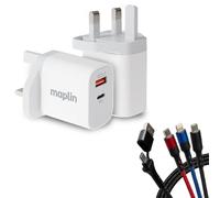 Maplin 2-Port USB Wall Charger 35W with 1.2m 3-in-1 USB-C Cable, USB-C PD & USB-A QC 3.0, USB-C/Lightning/Micro-USB, 60W PD Braided Cable, Fast Charger for Phones, Tablets & Accessories