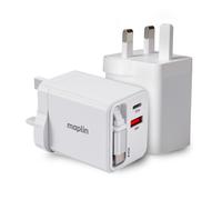Maplin 2 Port USB Wall Charger 1x USB-C & 1x USB-A 35W GaN PD QC 3.0 Fast Charger with Built-in USB-C Retractable Cable, for iPhone, Samsung Galaxy, Xiaomi, Huawei, Tablets, Laptops & More