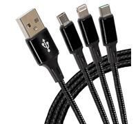 Maplin USB-A to 3 in 1 Multi Charging Cable USB-C & Lightning & Micro USB-B Braided 1.2m Black, for iPhone 15,14,13,12,11, iPad, Android phones Samsung S7/S6/S5, Sony, Huawei, PS4, HTC, Kindle, Camera
