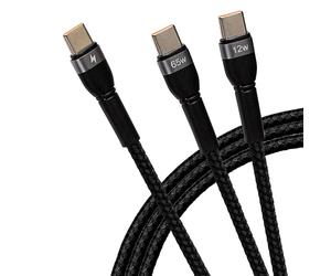 Maplin USB-C to 2-in-1 Multi-Charging USB-C 65W & USB-C 12W Braided Cable - Black