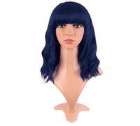 MapofBeauty 14 Inch/35 cm Short Wavy Curly Women Fresh Bright Synthetic Ordinary Flat Bangs Bob Wig (Midnight Blue)