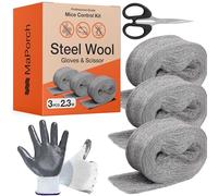 MaPorch 3 Pack Steel Wool Gap Filler for Rats - 3.2in x 7.5ft - Thick Plumbing Wire Wool Mesh - Includes Cut-Resistant Gloves & Scissors