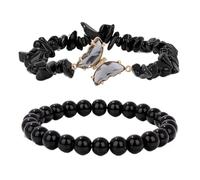 MAQDDO 2 Pc Set Romantic Amethyst Obsidian Quartz Beaded Butterfly Bracelet Women Stretch Bangles Daily Commute for Decoration(Black)