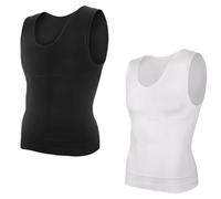 MAQDDO 2PCS Men's Slimming Shirts High Compression Tummy Control Round Neck Body Shaper Top For Sports(Black and White,M)