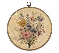 MAQIKA Boho Floral Framed Wall Art Decor, Vintage Botanical Prints, Farmhouse Wildflower Round Wall Hanging Decor, Pink and Blue Flower Canvas Prints Wall Art for Girls Dorm Room Bedroom, 10x10 Inch