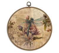 MAQIKA Farmhouse Dragonfly Framed Wall Art Decor, Dragonfly Wall Decor, Dragon Fly Floral Round Wall Hanging Decor, Vintage Dragonflies Canvas Prints Wall Art for Bathroom Living Room Home, 10x10 Inch