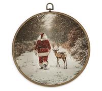 MAQIKA Vintage Christmas Santa Deer Framed Wall Art Decor, Christmas Round Wall Hanging Decor, Rustic Winter Forest Xmas Santa Reindeer Canvas Prints Wall Art for Home Living Room Bedroom, 10x10 Inch