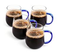 MAQQL 4 Pack Durable 16 oz Glass Mug with Blue Handle, Premium Glass Coffee Mugs & Glass Coffee Cup Set for Coffee Latte Espresso Daily Beverages