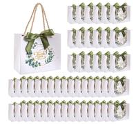 MAQUITA 50 Pcs Eucalyptus Gift Bag Bulk, Thank You Party Favor Bags Medium 5.5 x 2.4 x 4.7 Inches with Handles and Green Ribbon, Wedding Thank You Bags for Bridal Shower, Birthday Party Favors