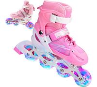 Maqulae Kids Adjustable Inline Skates, 2 in 1 Roller Skates, 4 Sizes Adjustable, with Illuminating Wheels for Kids Boys Girls (Pink full flash shoes #94)