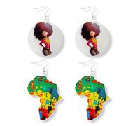 MAQVQLU African Earrings for Women Juneteenth Earrings Wooden Map Painted Dangle Earrings Black History Month Earrings, Metal, No Gemstone