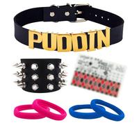MAQVQLU Puddin Choker Bracelet Set Adjustable Leather Letter Collar Necklace Punk Leather Bracelet Halloween Cosplay Accessory for Women Halloween Party Costume, Metal, No Gemstone
