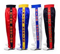 MAR | Black Full Contact Kickboxing Trousers; Boxing, Muay-Thai, Fitness & Karate Pants, 8oz Polyester Satin Fabric with Striped Star Design, Elasticated Drawstring Waistband Bottoms (7/200)