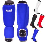 MAR | Blue Elasticated Shin and Instep Guards for Martial Arts, Karate, Kickboxing, Muay Thai, Slip-On Shin Pads, Training Shin Guard, MMA Foot Protector Training Leg Guards, BJJ, Taekwondo (XS)