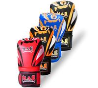 MAR | Blue & Gold Tiger Print Boxing Gloves, Wrap Around Closure with Ventilation & Extended Cuff for Men Women & Kids, Training Fitness & Competition Gloves for Kickboxing, MMA, Muay Thai 16oz