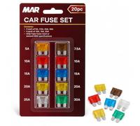 MAR Car Fuses 20 Pack Assorted Standard Blade Fuse Set 5A 7.5A 10A to 30A | Colour-coded standard blade car fuses, approx 2 x 2cm: 5A, 7.5A, 10A, 15A, 20A, 25A and 30A, meeting OEM specifications