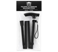 MAR Folding Walking Stick 92cm Black Aluminium Foldable Cane for Women Men | Four sections collapse in seconds; shaped grip, wrist loop; 230g; slips into a handbag, rucksack or car door pocket