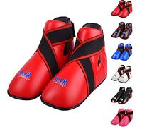 MAR | Red Martial Arts Foot Protector for Karate, Kickboxing, Muay Thai, Taekwondo, Karate K1 Kick Boots, Taekwondo Foot Protectors, Moulded Foam Padding Elasticated Toe Loops (Large)