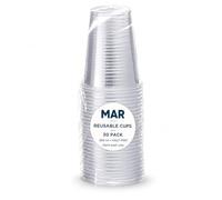 MAR Reusable Plastic Half Pint Glasses 30 Pack Clear Cups 284ml Party | 12cm tall, 8cm across the rim; polypropylene; wash them and bring them out again; gardens, buffets, marquees