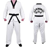 MAR | Taekwondo White Uniform Suit & Black Colour V-Neck Sparring Gear Unisex Kids & Adult Martial Arts Taekwondo Gi Taekwondo Dobok Polycotton Medium Weight 8oz Fabric + FREE BELT (0/130)