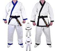 MAR | White Karate Gi, Karate Trousers | Men & Women; Kids & Adult Sizes | Traditional Uniform Blue Trims, 8oz Fabric Suit, Kids Karate Suit + FREE Karate Belt (6/190)