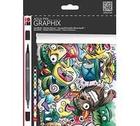 Marabu 014500000100 - Aqua Pen Graphix, Mega Mash, 12 Watercolour Felt Pens in a Set with Brilliant Colour, Water-Based Ink, Double Tip, Watercolour Paper